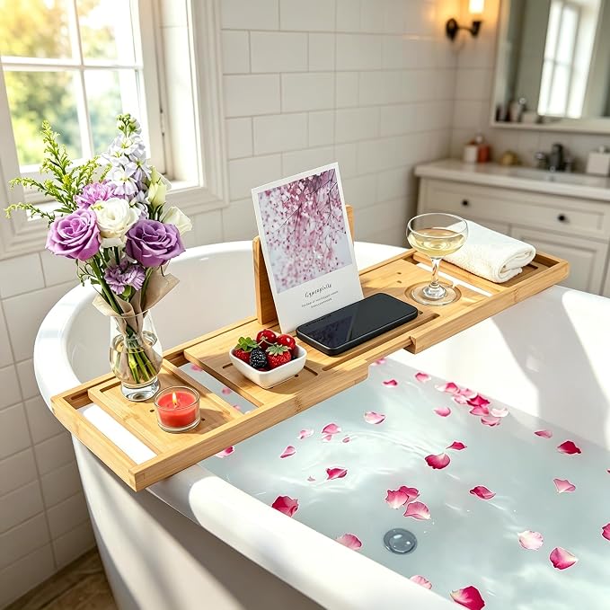 Utoplike Bamboo Bathtub Tray Caddy for Tub, Bath Table Bathroom Organizer | Adjustable, with Book Tablet Stand, Wine Glass Cup, 2 Sliding Towel Holder