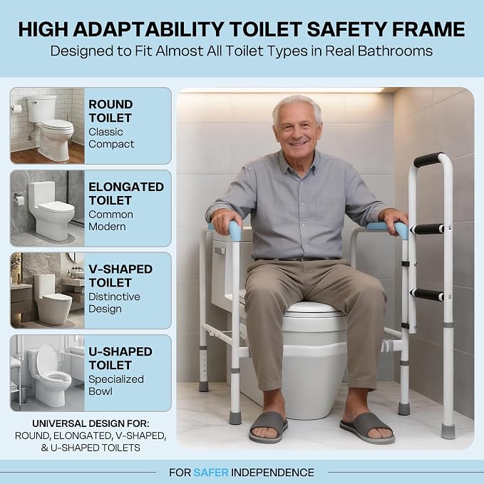 Toilet Safety Rails for Seniors, Heavy Duty Adjustable Toilet Safety Frame | 665 lb Capacity Stand Assist Rail with Suction Cups, Non-Slip Feet, Adjustable Height&Width, Foldable No-Drill Support