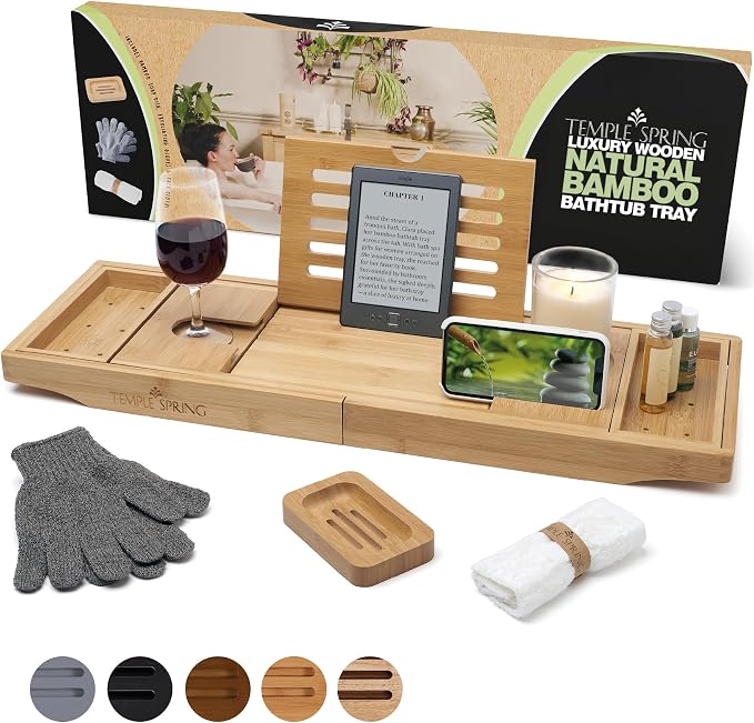 Bamboo Bathtub Tray Caddy for Tub — Expandable Wood Bath Tray with Solid Book Stand Wine Holder and Non-Slip Pads — Includes Bamboo Soap Dish and Spa Accessories — Luxury Bath Gift Set