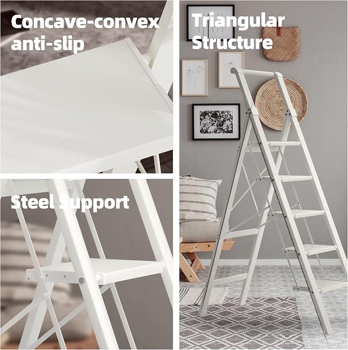 HillhutApex Aluminum 5 Step Ladder, Step Stool Foldable Ladder(White) | Stepladder with Handgrip,Anti-Slip Pedals,330lbs Capacity,Lightweight Folding Ladder for Home,Office,Libaray