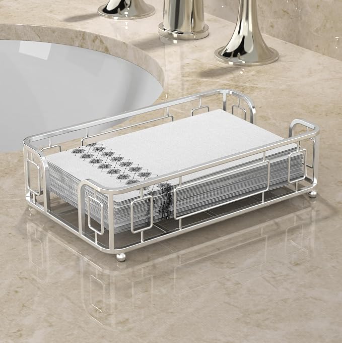 Guest Towel Holder Tray for Bathroom Countertop, Silver Metal | Guest Bathroom, Powder Room & Vanity Use