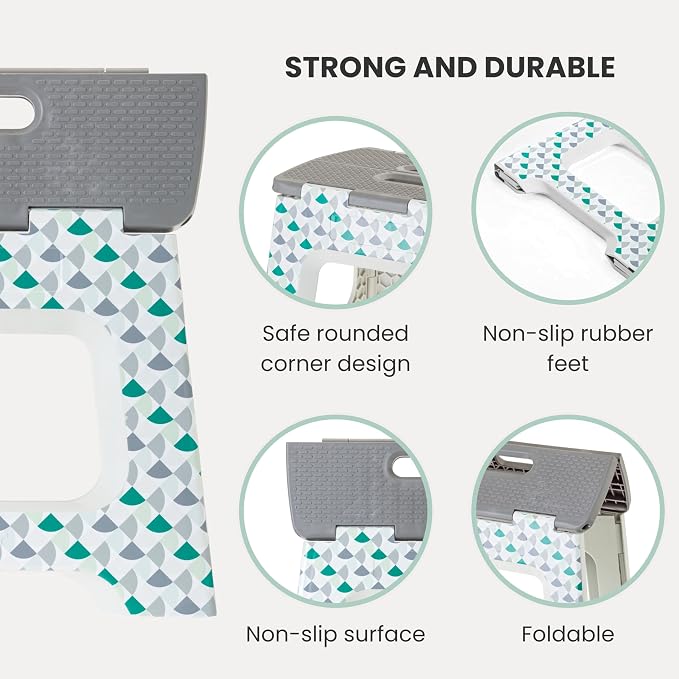 Vigar Compact Folding Step Stool for Adults 12-1/2 Inch Geometric | Foldable, Lightweight Portable Design, Carry Handle, Non Slip Surface, Space-Saving Body, Supports up to 330 lb
