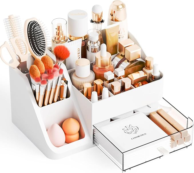 White Makeup Organizer Countertop,Large Cosmetics Storage Organizer for Make up Brush,Hair Products and Beauty Skincare Organizers,Plastic Makeup Holders and Organizers for Bathroom,Vanity,Desk