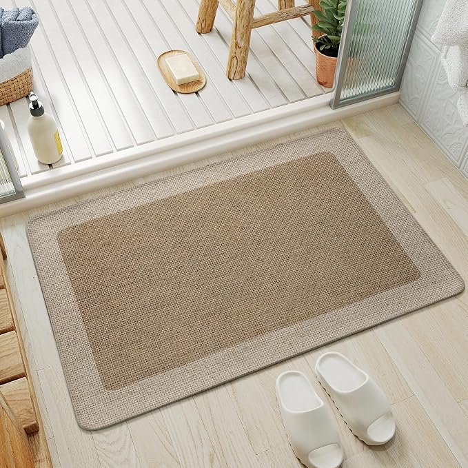 Non Slip Bath Mat, Thin Bathroom Rugs Fit Under Door, Brown 16x24 | Quick Dry Absorbent, Rubber Backing Washable Bathmat, Shower Mat for Bathroom Floor, Tub and Outside Shower, Home Decor