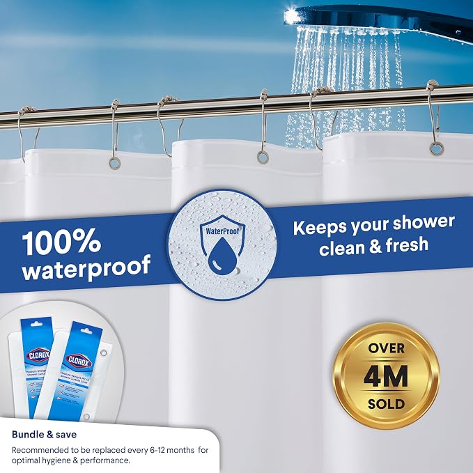 Clorox Shower Curtain Liner, Premium Medium-Weight Flexible Waterproof 6g PEVA for Bathroom with Weighted Magnets, Standard Size 72" x 72", White 2 Pack