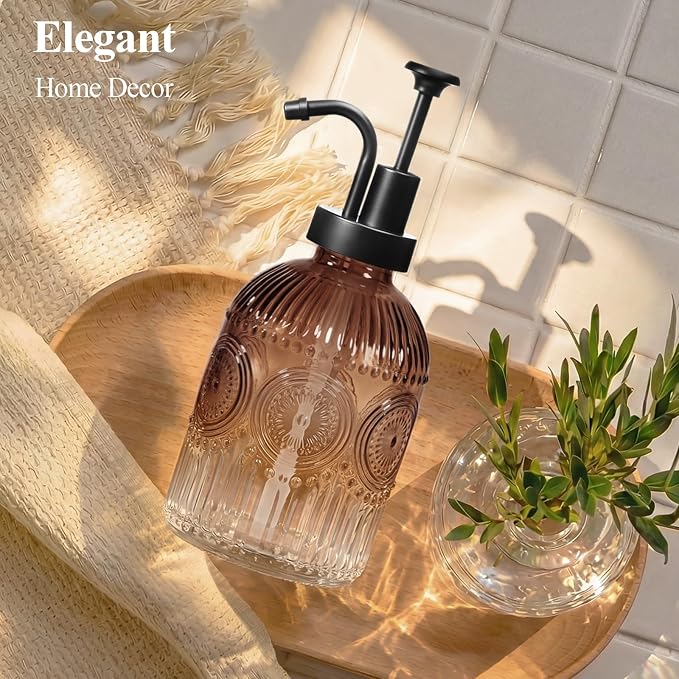 SheeChung 12oz Vintage Glass Soap Dispenser with Black Pump, Brown, 2 Pack | Refillable Dish and Hand Soap Dispenser for Bathroom Kitchen, Rustic Liquid Lotion Bottle,BPA-Free,Funnel,Mat,Farmhouse Decor