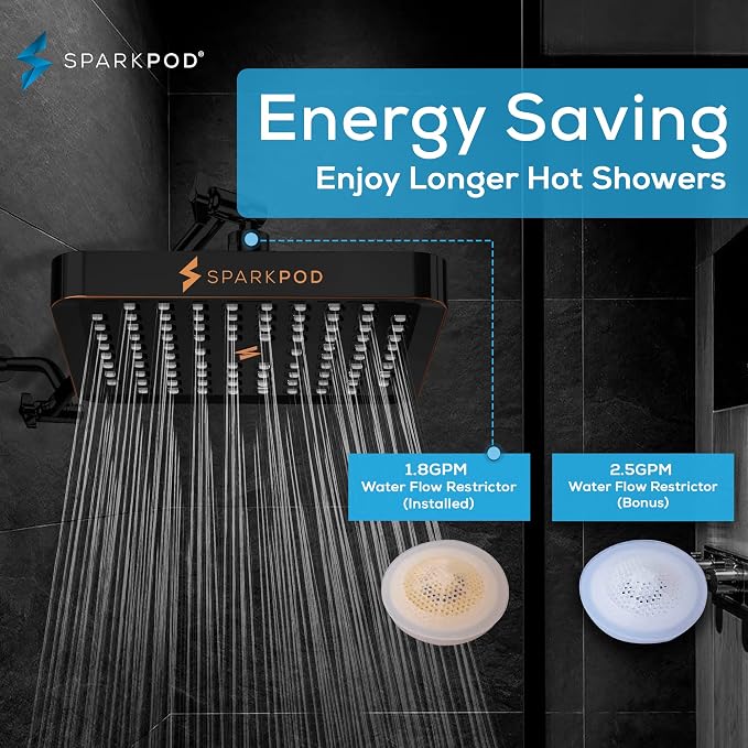 SparkPod Rain Shower Head, 6 Inch Square, Vintage Oil-Rubbed Bronze Finish | High Pressure Shower Heads, 90 Nozzles, Adjustable Showerhead, No Tools Needed, Universal Connection