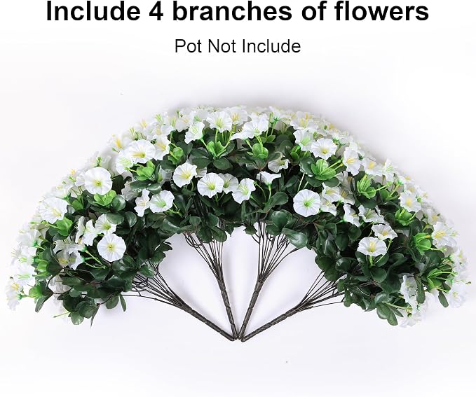 Artificial Flowers for Outdoors Fake Plants Outside Decoration, 4 Bundles Silk White Morning Glory UV Resistant Look Real Faux Flowers for Planter Front Door Porch Patio Yard Gardens Balcony