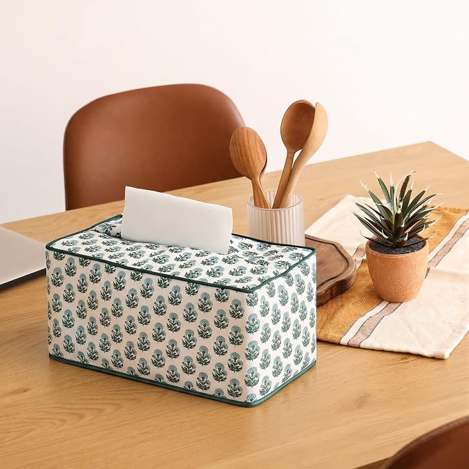 Sawysine Fabric Green and White Block Print Tissue Box Cover Rectangular | 9.8 x 5.4 x 4.2 Inches Floral Print Tissue Box Vintage Floral Decorative Napkin Holder Bathroom Decor for Kitchen Living Room