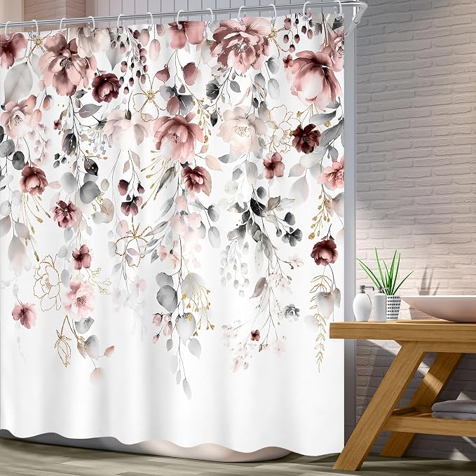 Extra Long Floral Grey Pink Leaves Bathroom Shower Curtain Set | 72"W x 78"L Flower Blossom style, clear shower print, fast-dry fabric and hooks for a simple bath update.