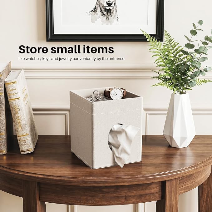 Square Tissue Box Holder with Storage Tray Tissue Box Cover, Tissues Cube Boxes Cover for Nightst, Dining Table, Dressing Table, Tea Table, Coffee Bar (Linen)