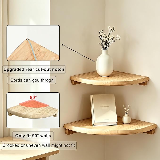 Floating Corner Shelves, 2 Pack Solid Wood Round End Wall Mount | 8.7"& 7.1" sizes with cable hole, holds small decor, plants & speakers; ideal for bedroom, kitchen, living room, bathroom