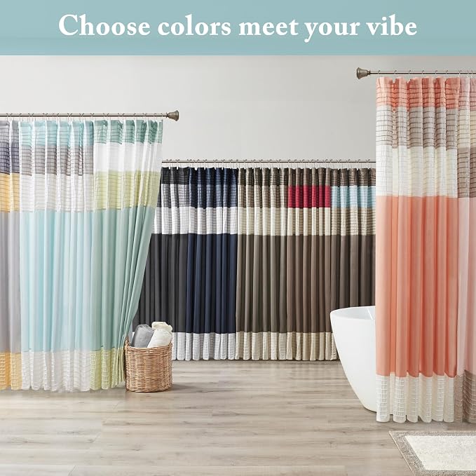 Madison Park Bathroom Shower Curtain, 72 x 84 Extra Long, Faux Silk, Blue | Modern Classic, Light Sheen, Pieced, Striped, Microfiber, Machine Washable, OEKO-TEX Certified, Amherst