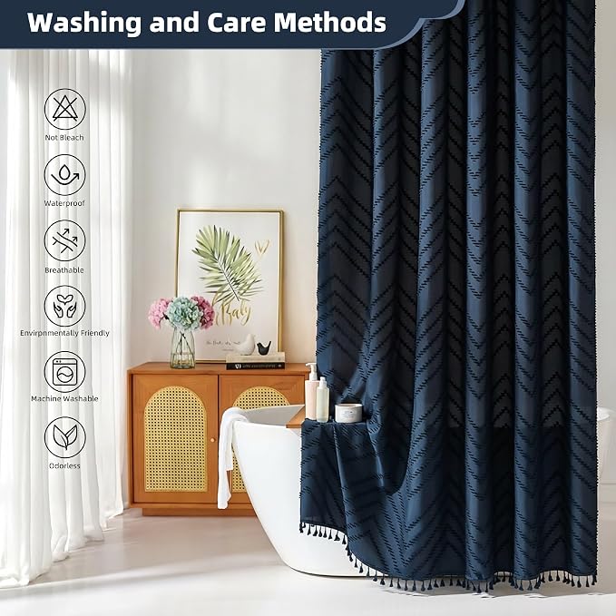 Siiluminisoy Navy Blue Shower Curtain Fabric Boho Shower Curtain Cloth Textured Tufted Chevron Elegant Shower Curtains Waterproof for Bathroom 72 x 72