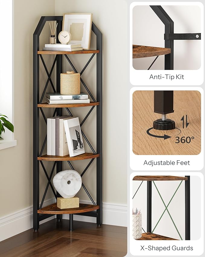 47.6" Corner Shelf, 4-Tier Industrial Corner Bookshelf, Corner Storage Stand, Corner Bookcase for Bedroom, Living Room, Home Office, Rustic Brown and Black TCJ09BF
