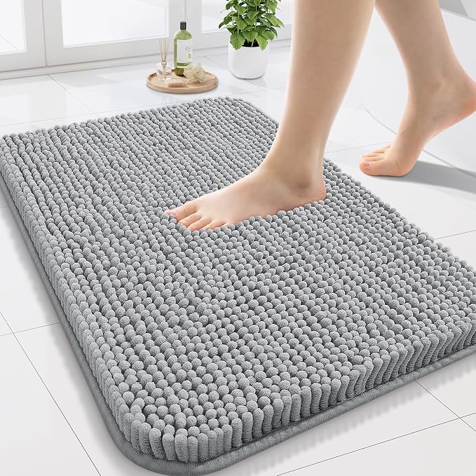 Arotive Bathroom Rugs 24x16, Soft Absorbent Shaggy Chenille Bath Rugs | Light Grey, Machine Washable Rubber Backing Bath Mats for Bathroom Floor Tub and Shower Home Decor Accessories