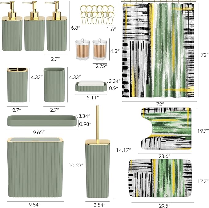 Bathroom Set - Bathroom Accessory Set, Sage Green Bathroom Set, 26PC Bathroom Sets with Shower Curtain and Rugs, Toilet Brush, Trash Can, Qtip Holder & Bathroom Soap Dispenser Set