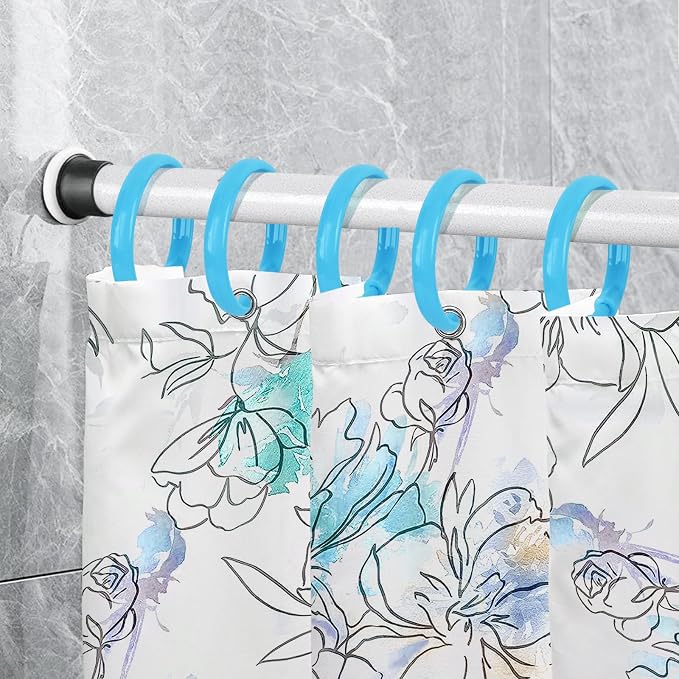 Light Blue Shower Curtain Hooks - 12 Pcs Circular Plastic Shower Curtain Rings for Bathroom - O Shaped Sky Blue Shower Hooks Rings for Shower Curtain Rod