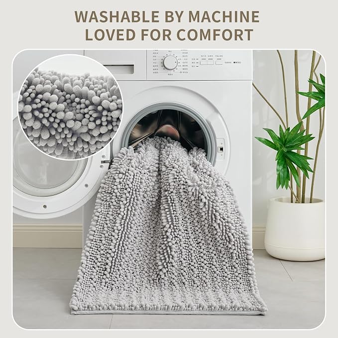 Bathroom Rugs Non Slip Washable 60x24, Extra Thick Soft Chenille Absorbent Bath Mat, High Density Barrier Non Slip Backing, Quick Dry Plush Shaggy Floor Carpet for Tub&Shower, Silver