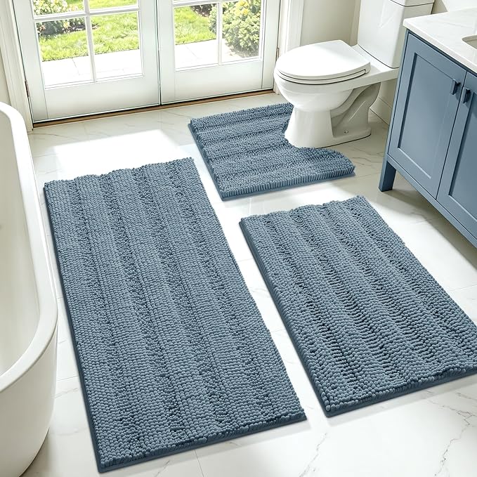 SmileYes Striped Haze Blue Bathroom Rug Set 3 Pieces Ultra Soft, Non Slip Chenille Bath Carpet, Absorbent Plush Shaggy Bath Mats for Bathroom, Bedroom, Stone Blue