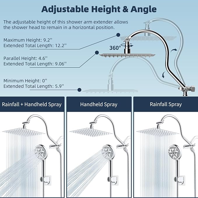 Hibbent All Metal CUPC Certified Shower Head, 8'' High Pressure Rainfall Shower Head, Handheld Showerhead Combo, 12'' Adjustable Extension Arm, 10 Sprays, 71'' Shower Hose, Showerhead Holder, Chrome