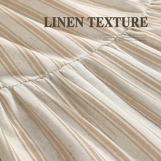 Farmhouse Shower Curtain Ruffle Linen Cream-Beige Stripe 72"W x 72"L | Farmhouse Boho, Striped, Bottom Ruffle, Linen Fabric, Rustic, Country, Natural Look, Washable, for Bathroom Bathtub