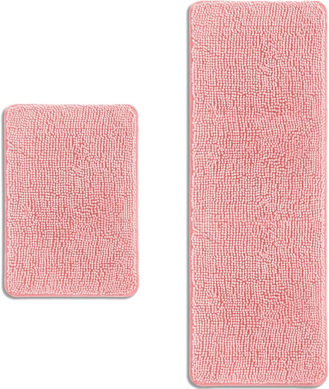 Bathroom Rugs Sets 2 Piece – Absorbent and Washable Bath Mat, Non-Slip, Thick Soft Chenille Bath Rugs for Bathroom Floor, Shower, Sink(17" x 24"+17" x 47", Pink)