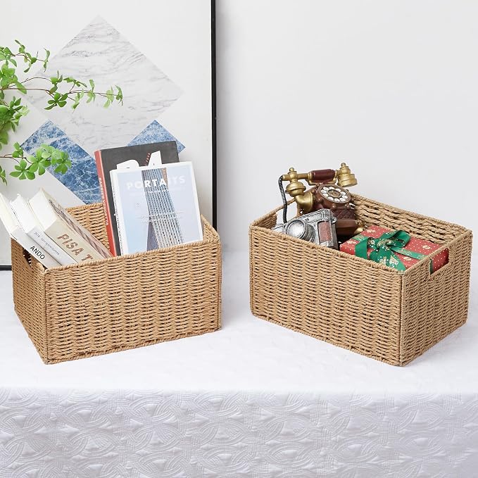 Wicker Storage Basket, Set of 2 Hand-Woven Paper Rope Wicker Basket, Small Storage Baskets for Organizing Toilet Paper Basket, Foldable Large Cube Storage Organizer Bins for Shelves (Natural)