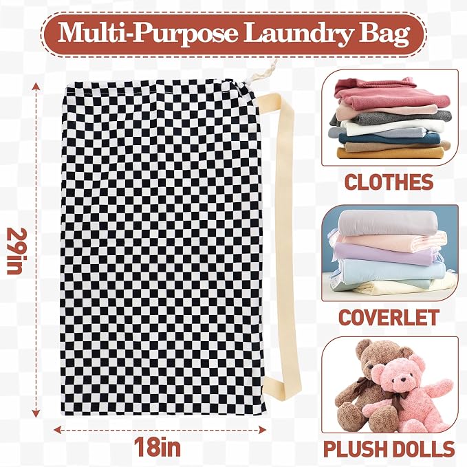 Laundry Bag Backpack for Dorm & Travel, 29 x 18" Large Dirty Bag | Cute Black Checkered College Clothes Pouch with Straps and Handles. Ideal for Apartment, Camp and Portable Bag for Laundromat
