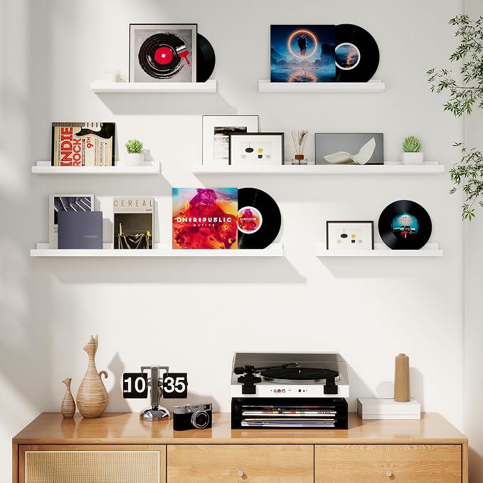 Picture Ledge Shelf, Floating Shelves for Wall Decor Storage Set of 6, 55 inch Floating Wall Mounted Shelves, Shelves with Lip for Living Room, Bedroom, Nursery, Bathroom, Kitchen, White