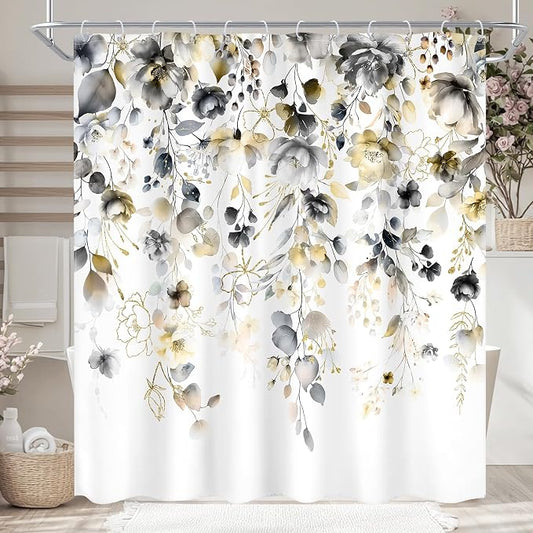 Yellow Grey Floral Gray Pastel Rustic Bathroom Shower Curtain Set | 72"W x 72"L Flower Eucalyptus look, waterproof HD printed shower curtain, quick-dry fabric and free hooks.