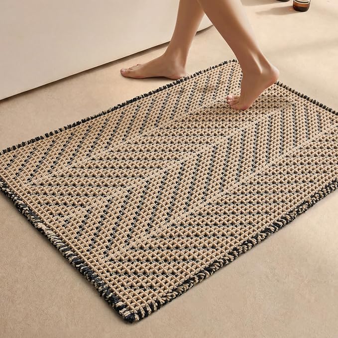 Sunfly Waffle Bath Mat, Boho Bathroom Rugs Non Slip Washable Super Absorbent Quick Dry Bath Mat Farmhouse Bathroom Decor, 24"x36" Black &Khaki
