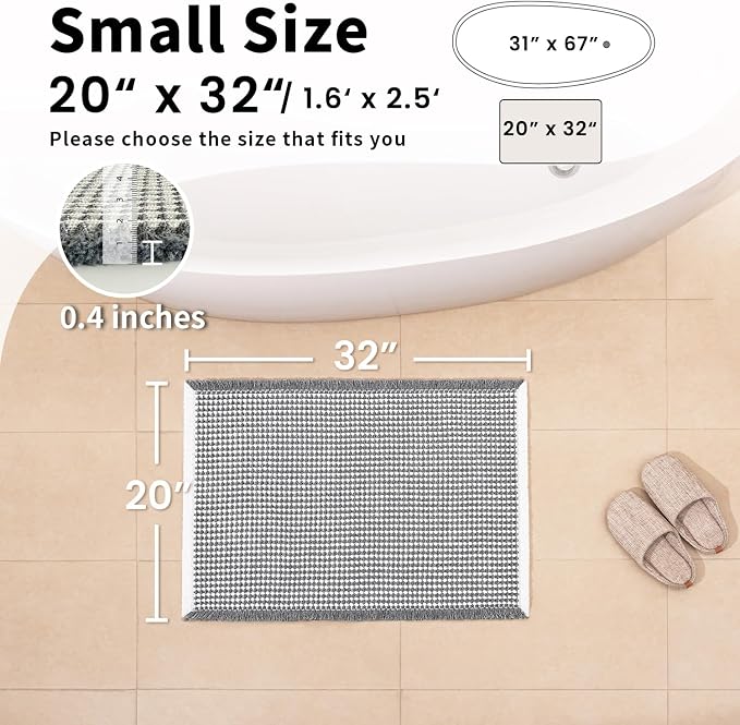 Waffle Bath Mat, Boho Bathroom Rugs Non Slip Washable, 20" x 32" | Super Absorbent Quick Dry Bath Mat, Small Boho Bathroom Mats, Soft Waffle Weave Farmhouse Bathroom Decor, Dark Grey and White