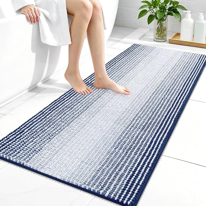 OLANLY Bathroom Runner Rugs 44x24, Soft Chenille Striped Bath Rugs, Navy | Extra Absorbent, Rubber Backing, Machine Wash Dry, Bath Mats for Bathroom Floor, Tub and Shower, Home Decor Accessories