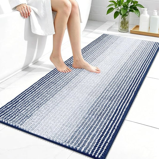 OLANLY Bathroom Runner Rugs 44x24, Soft Chenille Striped Bath Rugs, Navy | Extra Absorbent, Rubber Backing, Machine Wash Dry, Bath Mats for Bathroom Floor, Tub and Shower, Home Decor Accessories