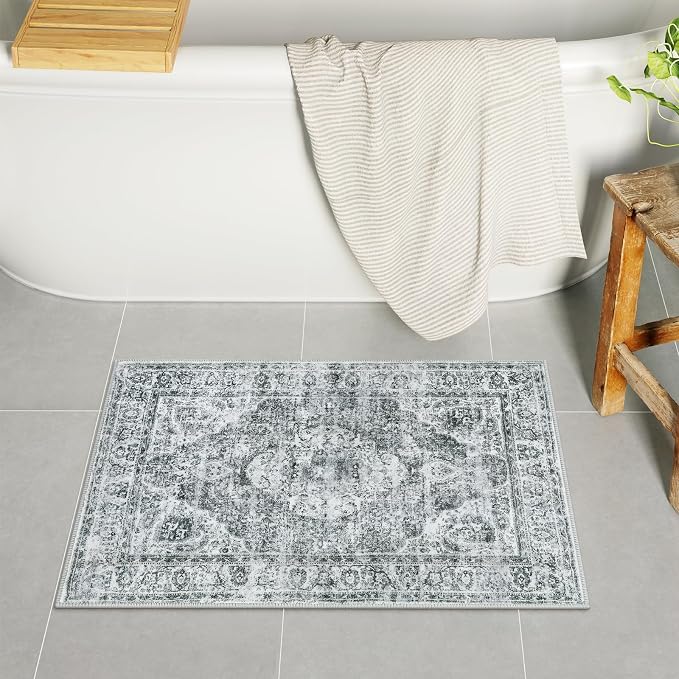 Uphome Gray Bath Mat, Distressed Farmhouse Boho Bathroom Rugs, Super Cozy Velvet Small Bathroom Mats, Non Slip Machine Washable Bathroom Floor Mat for Toilet Sink Shower, 18x26 inch