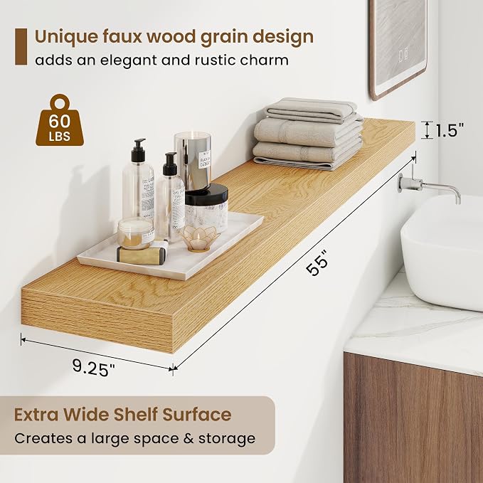 9.25in Depth 55in Floating Shelves, 55"W x 9.25"D x 1.5"H, Oak, 2Pcs | Long Wall Mounted Engineered Wood Shelves for Wall with Invisible Brackets for Living Room, Bedroom, Bathroom, Kitchen