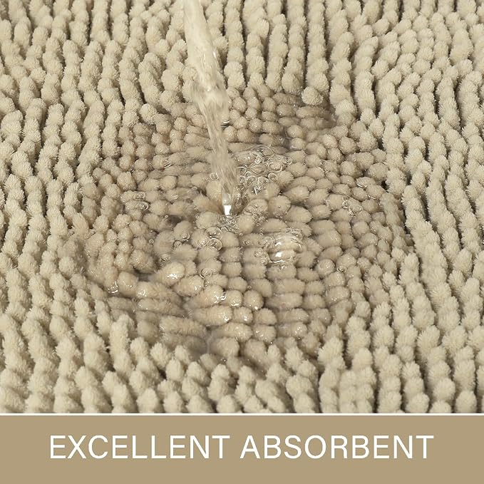 LOCHAS Luxury Bathroom Rug Shaggy Bath Mat 48 x 17 Inch, Beige | Washable Non Slip Bath Rugs for Bathroom Shower, Soft Plush Chenille Absorbent Carpets