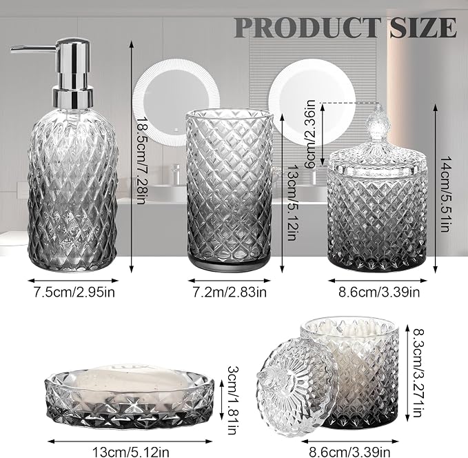 Bathroom Accessories Set, 5Pcs Bathroom Soap Dispenser Set, Glass Bathroom Accessories with Glass Soap Dispenser, Soap Dish, Toothbrush Holder, Tumbler, Qtip Holder