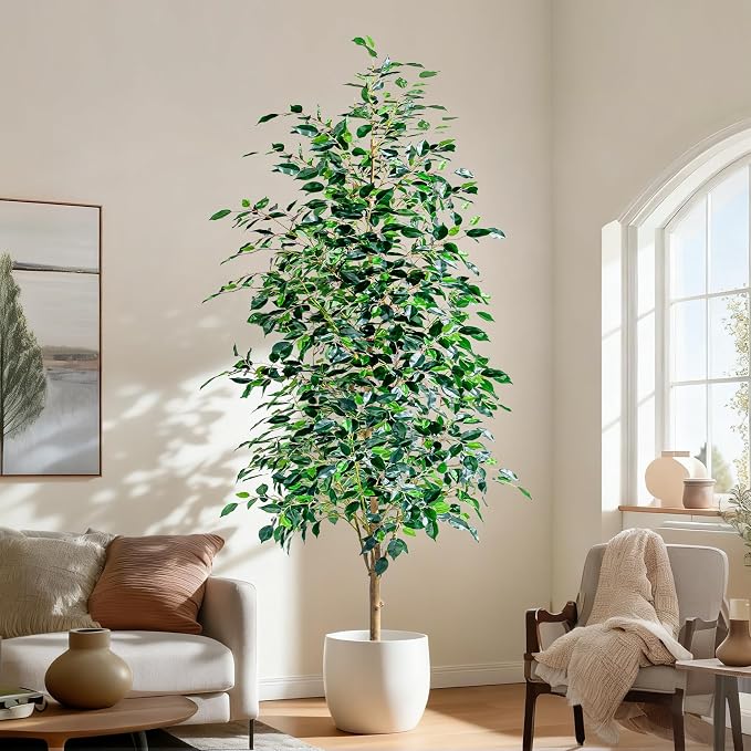 Bailikang 8FT Artificial Ficus Trees Indoor Faux Trees Indoor Fake Floor Plants Tall Artificial Tree with White Pot Faux Tree Fake Indoor Tree Silk Plants Artificial Trees for Home Decor Indoor