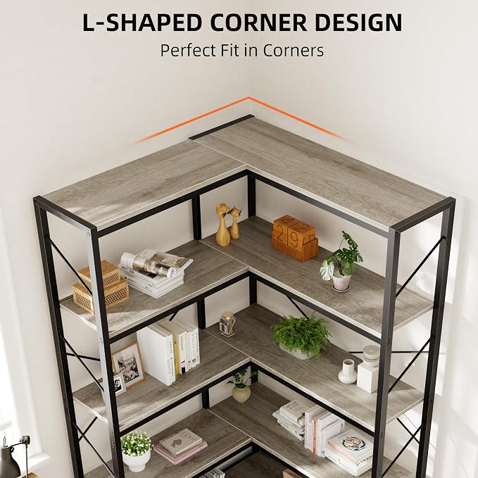 Shintenchi 5 Tier Corner Bookshelf, L Shaped Large Bookcase, Grey | Etagere Bookcase, Corner Shelf Display Storage Rack, with Metal Frame, for Living Room, Bedroom, Office