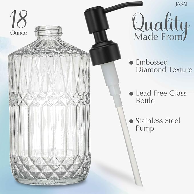 JASAI 18Oz Clear Glass Soap Dispenser with Black Rust Proof Pump | Refillable Kitchen soap Dispenser Thick Glass, Soap Dispenser Bathroom for Hand soap, Dish Soap, Lotion, Body Wash.