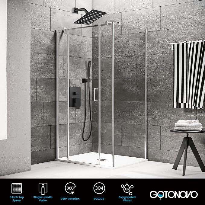 gotonovo Shower Faucet Set with Handheld Spray Matte Black,8'' Head | SUS304 Rainfall Shower Head and Handle Set System Fixture,Pressure Balance Valve Trim Kit,Single Handle,Wall Mount,All Metal