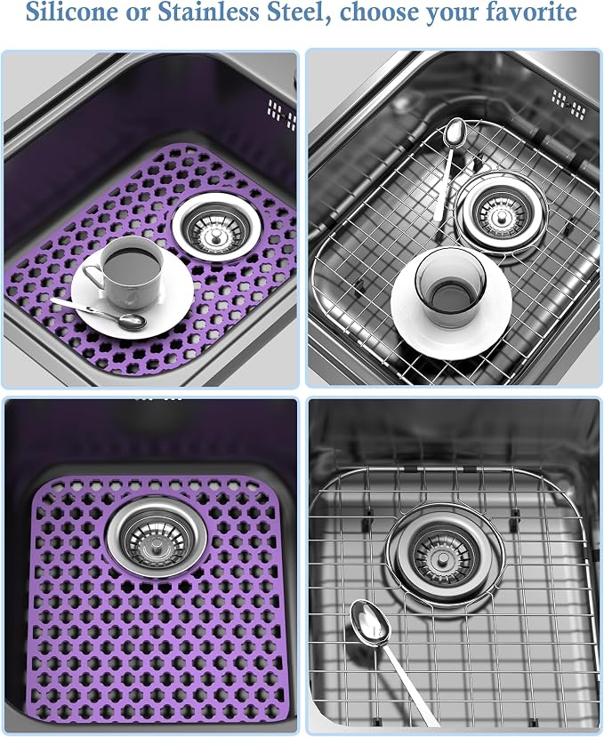 2 Pack Silicone Sink Protector Mat for Kitchen Sink Rear Drian Purple | 13-9/16" x 11-5/8" Non-Slip Heat-resistant and Durable Silicone Grid
