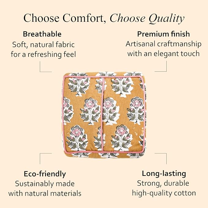 CPC Yellow Citrine Hand Block Printed Cotton Tissue Box Cover 5" x 5" x 5.5" Square Soft Reusable Boho Napkin Holder for Home Kitchen Dining Bathroom Office Cafe Spa, Gift for Spring, Mother's Day