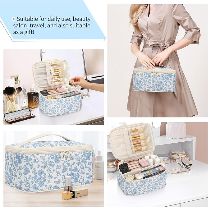 Makeup Bag Portable Cosmetic Bag For Women, Large Capacity Travel Makeup Case Organizer, Toiletry Bag for Girls Traveling With Handle and Divider-Flowers