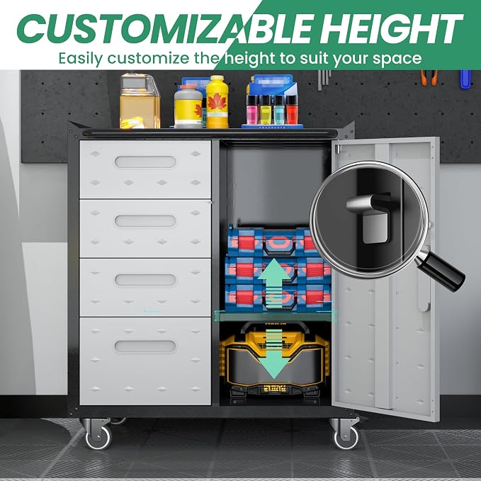 Garage Storage Cabinet System,Wall Cabinet & Locking Rolling Tool Cabinet with Doors and Adjustable Shelves