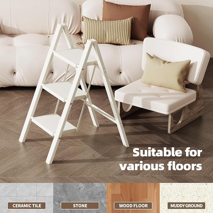 HillhutApex Aluminum Step Stool Foldable,3 Step Ladder (White) | Lightweight Portable step ladder with Anti-Slip Wide Pedal,330lbs Capacity Ladder for Household,Office,Kitchen