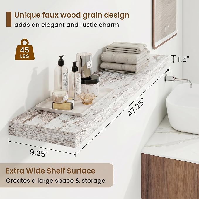 9.25in Depth 48in Floating Shelves, 48x9.25x1.4, Vintage White, Set of 2 | Long Wall Mounted Engineered Wood Shelves with Invisible Brackets for Living Room, Bedroom, Bathroom, Kitchen