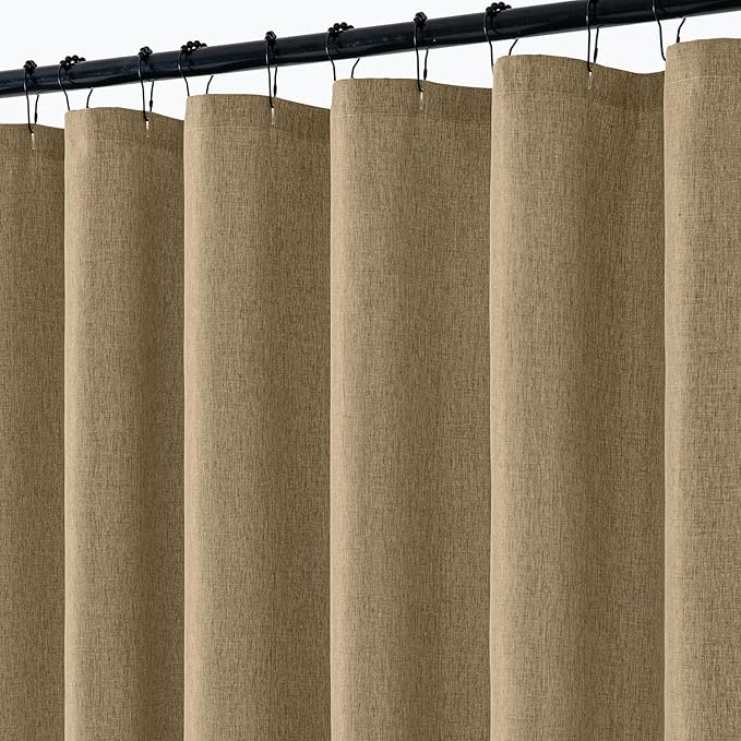 ANRODUO Khaki Linen Textured Fabric Shower Curtain Set - W72xL84 | Farmhouse Shower Curtain with 12 Metal Hooks, Waterproof Heavy Duty, Button Hole Design, Machine Washable for Bathroom